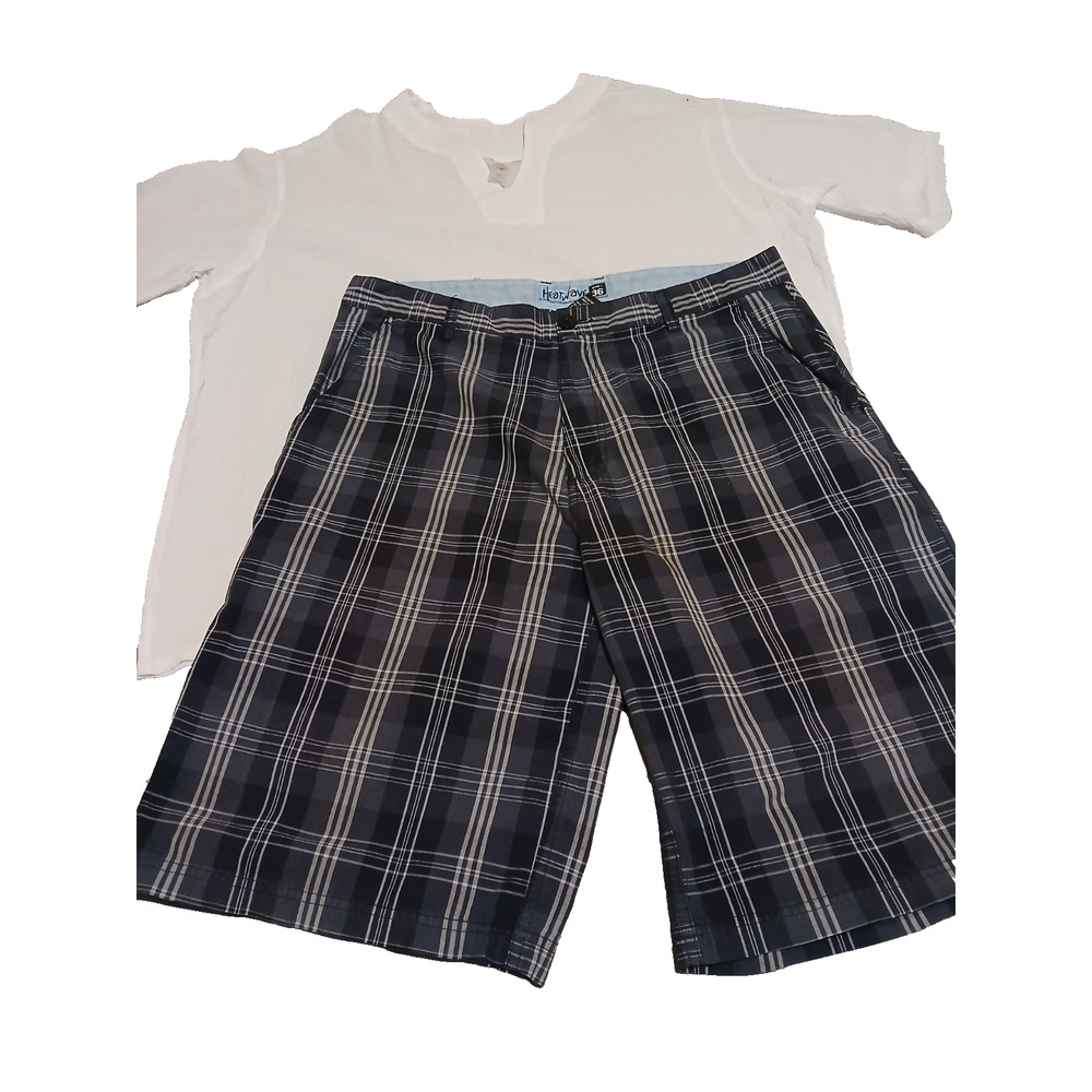 Men’s 2 Piece Outfit Set XL White Gauze Shirt & Plaid Shorts 36 Casual Summer